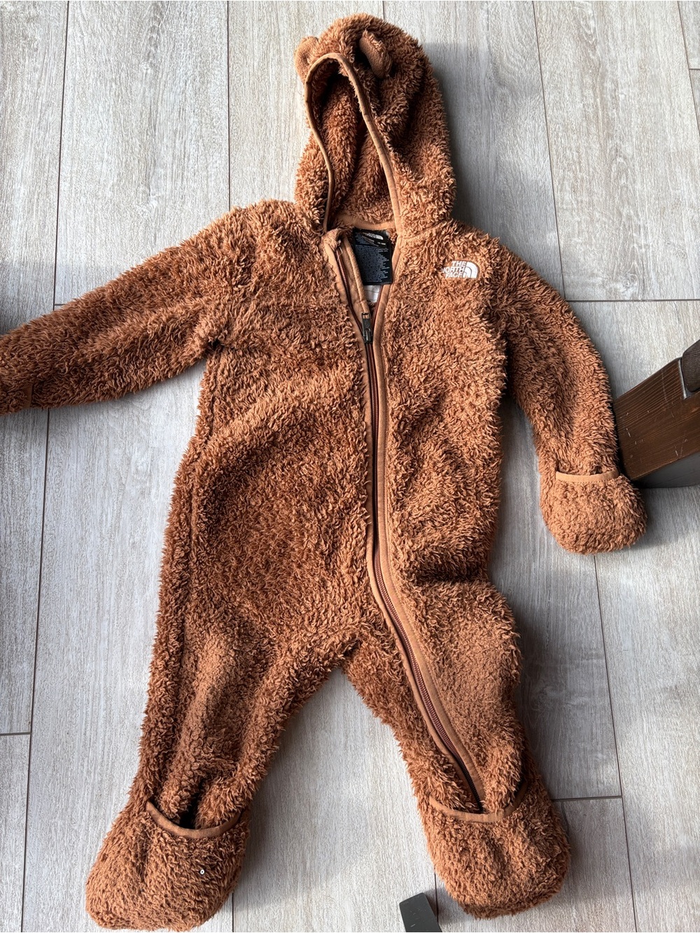 North Face brown fleece bunting one-piece bear suit 12-18 months